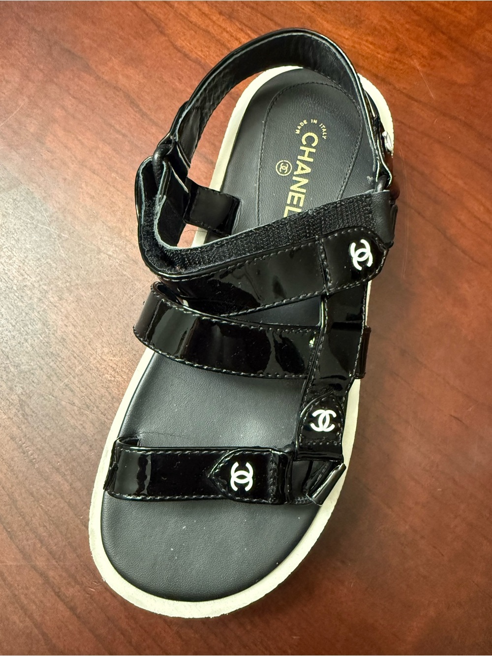 New store display Chanel Black Patent Leather Logo Strap Sandal size 5